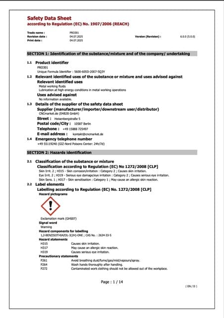 PRO301 Sicherheitsdatenblatt (EN)