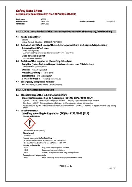 VEG001 Sicherheitsdatenblatt (EN)