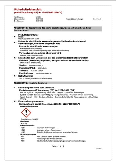 UNI301 Sicherheitsdatenblatt (DE)