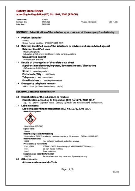 EDM601 Sicherheitsdatenblatt (EN)