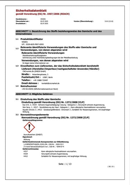VEG001 Sicherheitsdatenblatt (DE)