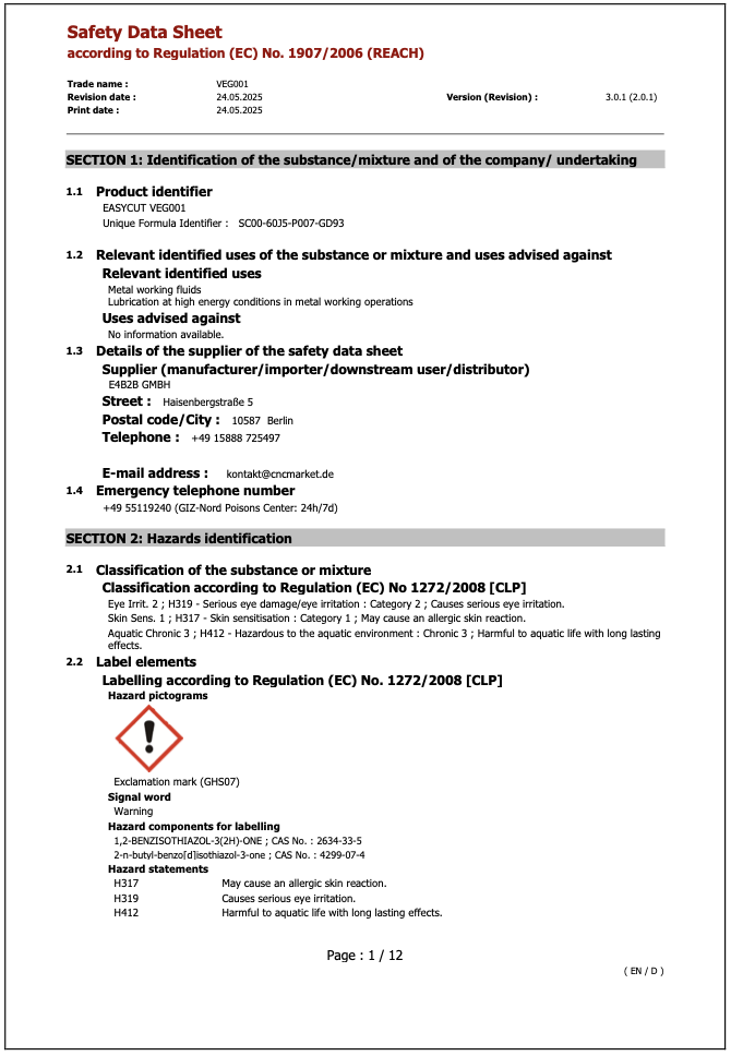 Safety Data Sheet VEG001