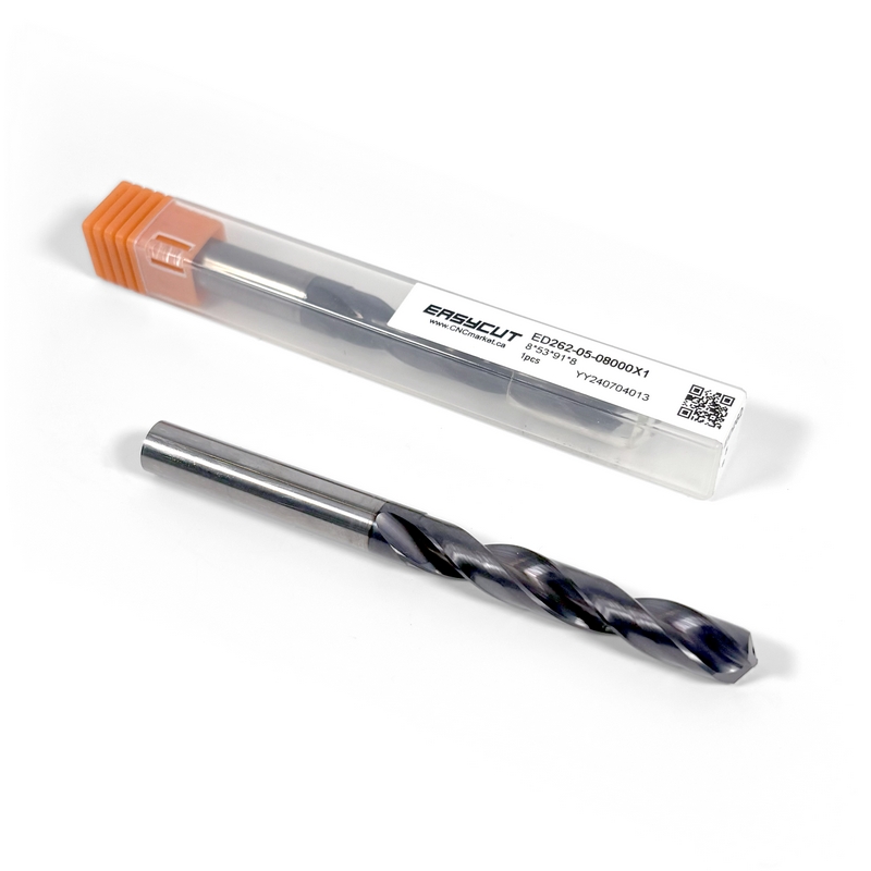8mm Vollhartmetall-Bohrer, 2-schneidig, 5xD, mit Innenkühlung, 140°, 43mm Spanlänge, beschichtet